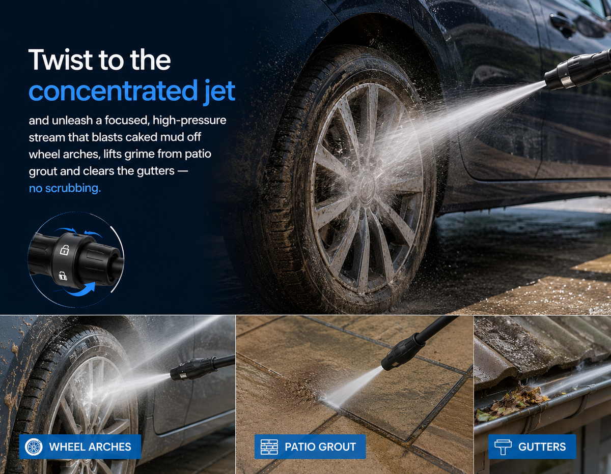 Car being washed with a high-pressure washer, focusing on wheel arches, patio grout, and gutters.