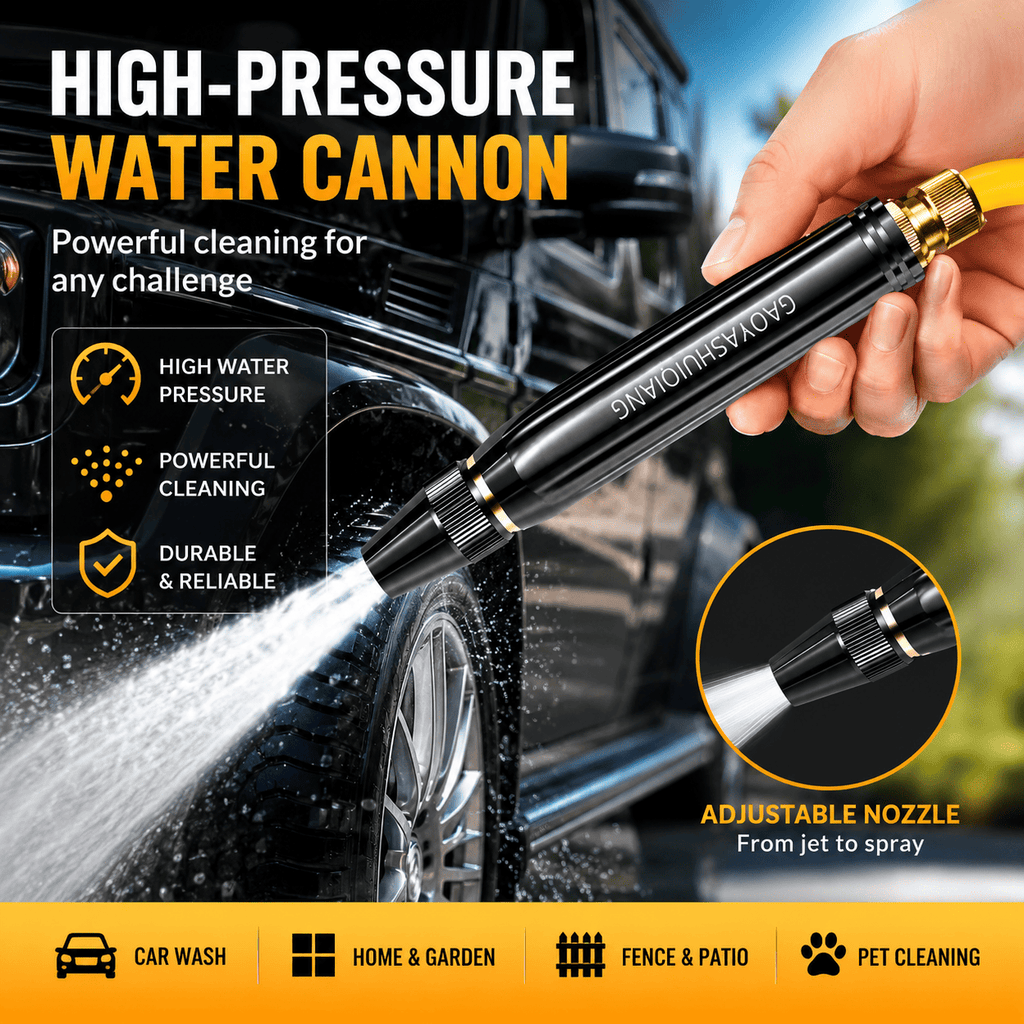 High-pressure water cannon being used to clean a car with product details and features highlighted.
