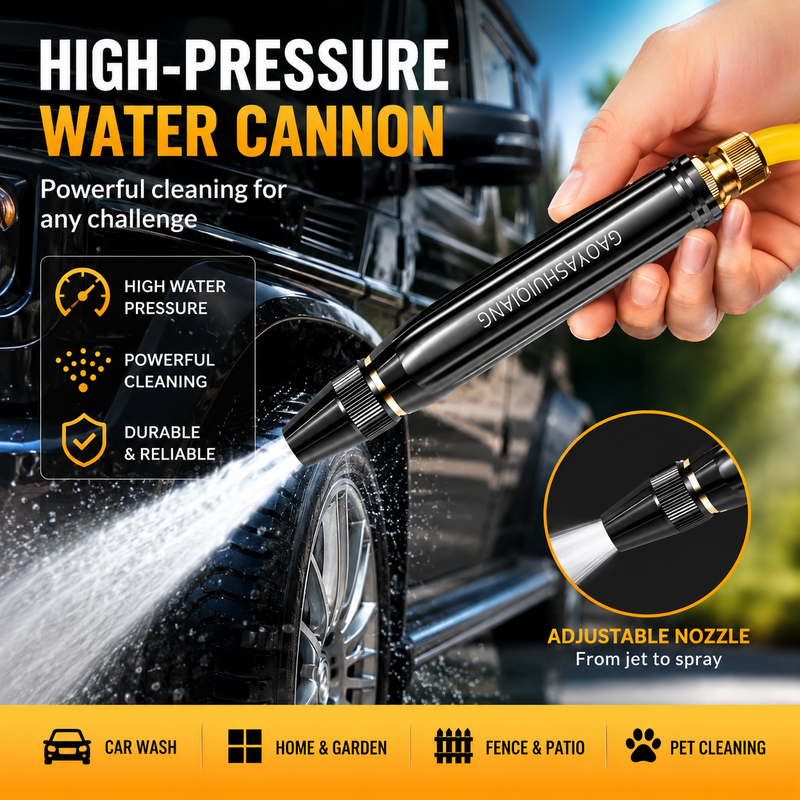 High-pressure water cannon being used to clean a car with product details and features highlighted.
