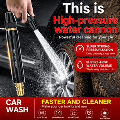 A high-pressure water cannon car wash attachment being used to spray water onto a car wheel, shown with promotional text and badges on a dark car and muddy ground background.