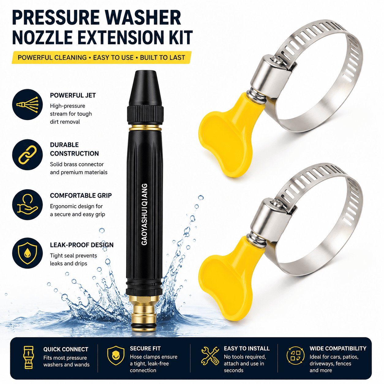 Pressure washer nozzle extension kit with features highlighted on a white background