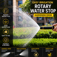 Gardening rinse with water spray and features listed on a black background