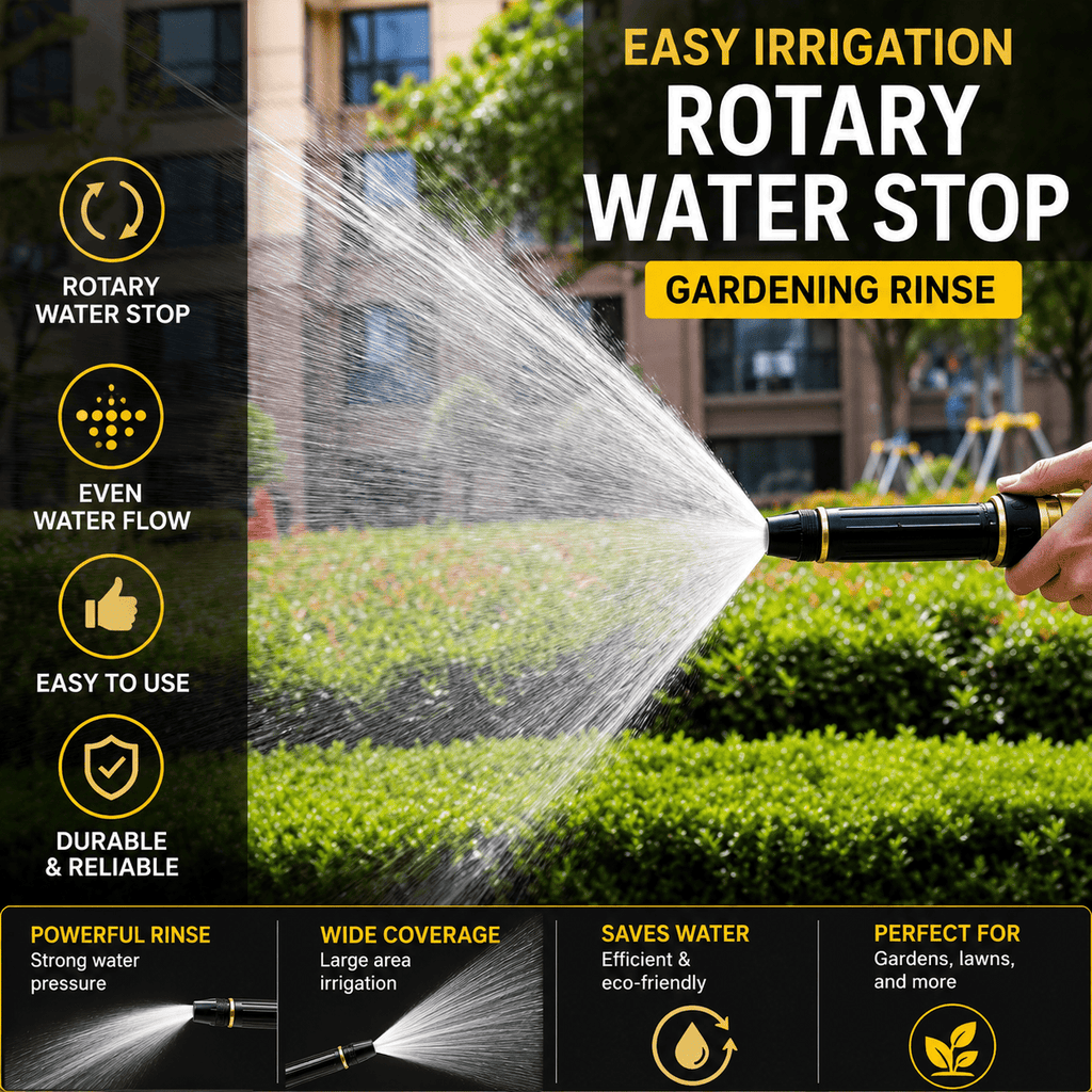 Gardening rinse with water spray and features listed on a black background