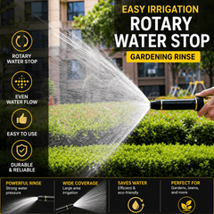 Gardening rinse with water spray and features listed on a black background
