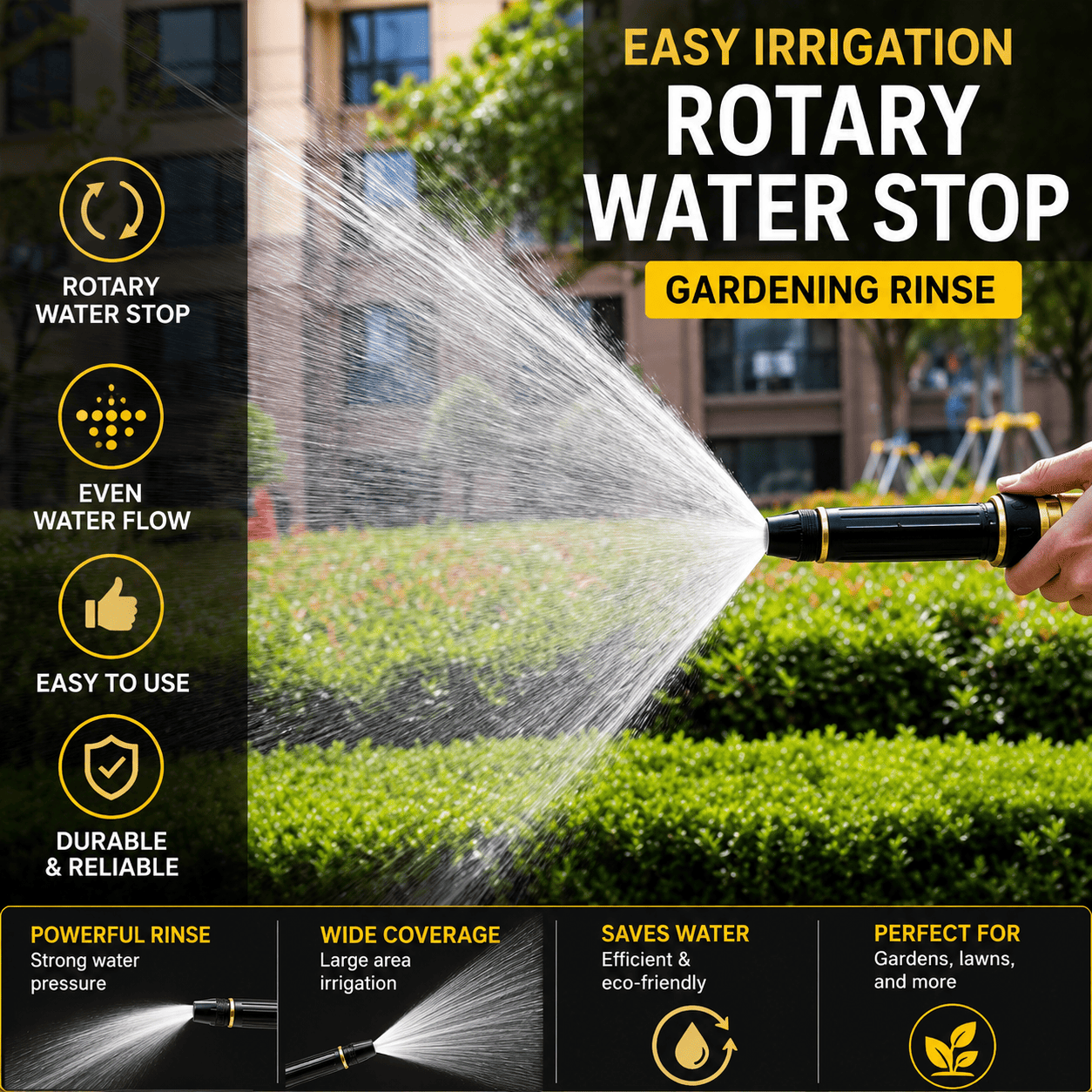 Gardening rinse with water spray and features listed on a black background
