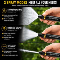 Three-panel promotional graphic showing a handheld spray nozzle in three modes: showerhead type, umbrella-shaped type, and straight type. A human hand is visible holding the product in each panel, and the background is an outdoor blurred green setting.