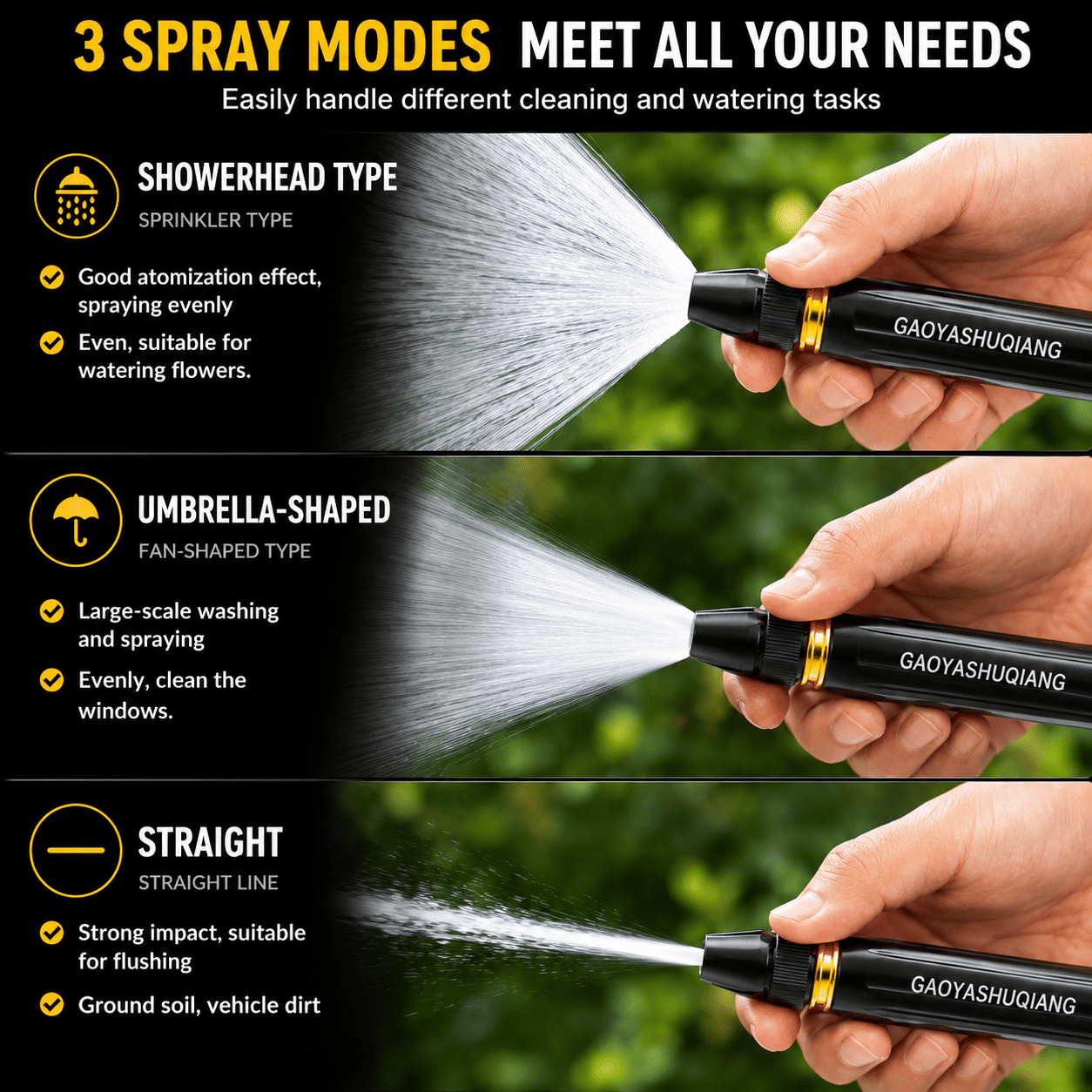 Three-panel promotional graphic showing a handheld spray nozzle in three modes: showerhead type, umbrella-shaped type, and straight type. A human hand is visible holding the product in each panel, and the background is an outdoor blurred green setting.